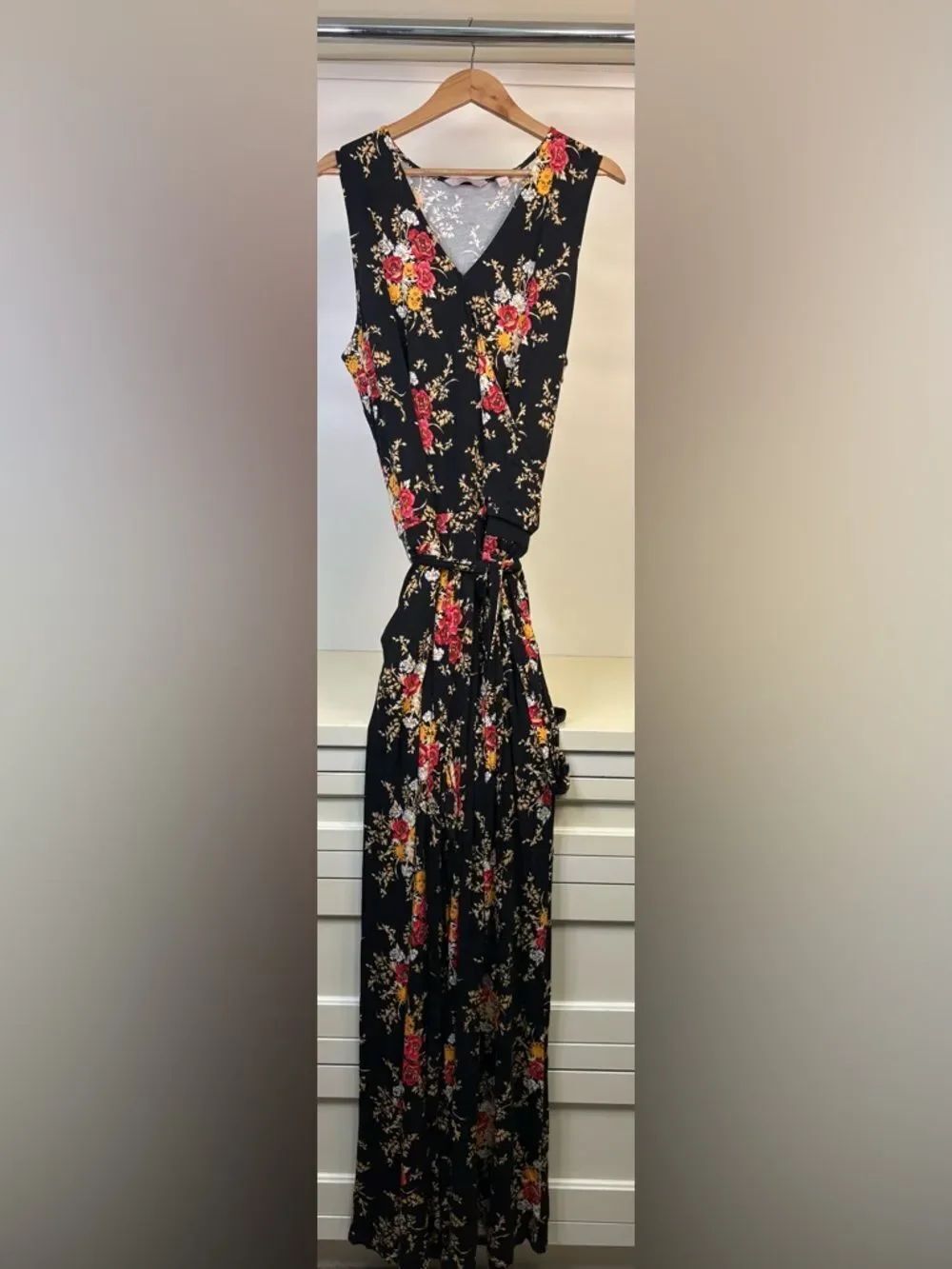 NWOT Laurie Felt Black Floral Jumpsuit with Red & Yellow Blooms